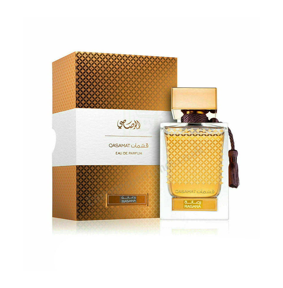 Rasasi Qasamat Rasana Eau De Parfum 65ml bottle with elegant design and fragrance details visible.