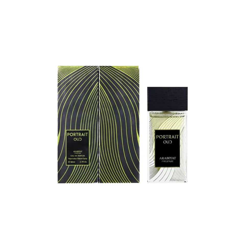 Arabiyat Prestige Portrait Oud Eau De Parfum bottle with sleek design, 80ml, for men and women, featuring traditional Middle Eastern scent elements.