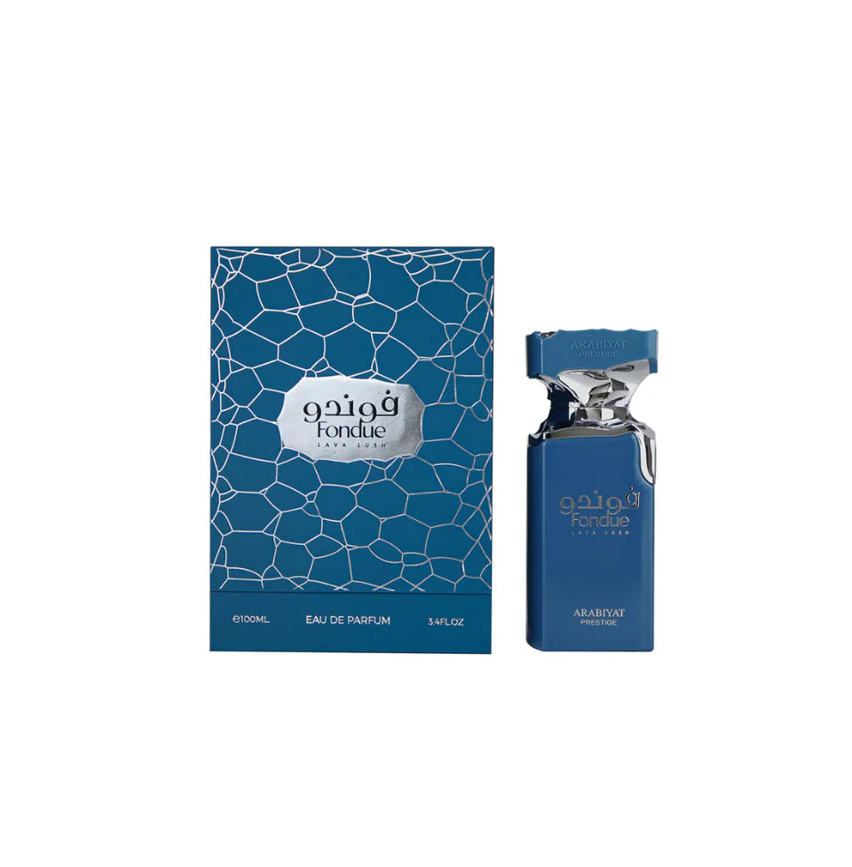 Arabiyat Prestige Fondue Lava Lush Eau De Parfum 100ml bottle for men and women, featuring a sleek design and elegant fragrance.