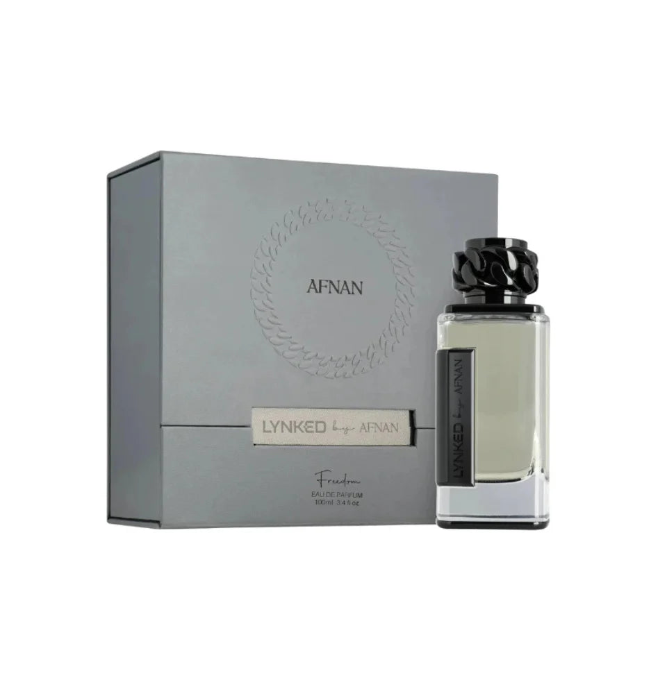 Afnan Lynked Freedom Eau de Parfum 100ml for men, featuring a sleek glass bottle with a modern design and silver cap.