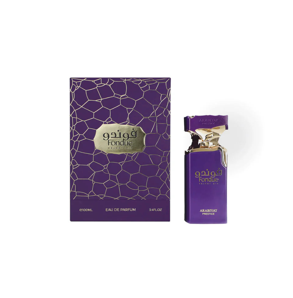 Arabiyat Prestige Fondue Velvet Dip Eau De Parfum 100ml for men and women, elegant glass bottle with black cap and luxurious scent.