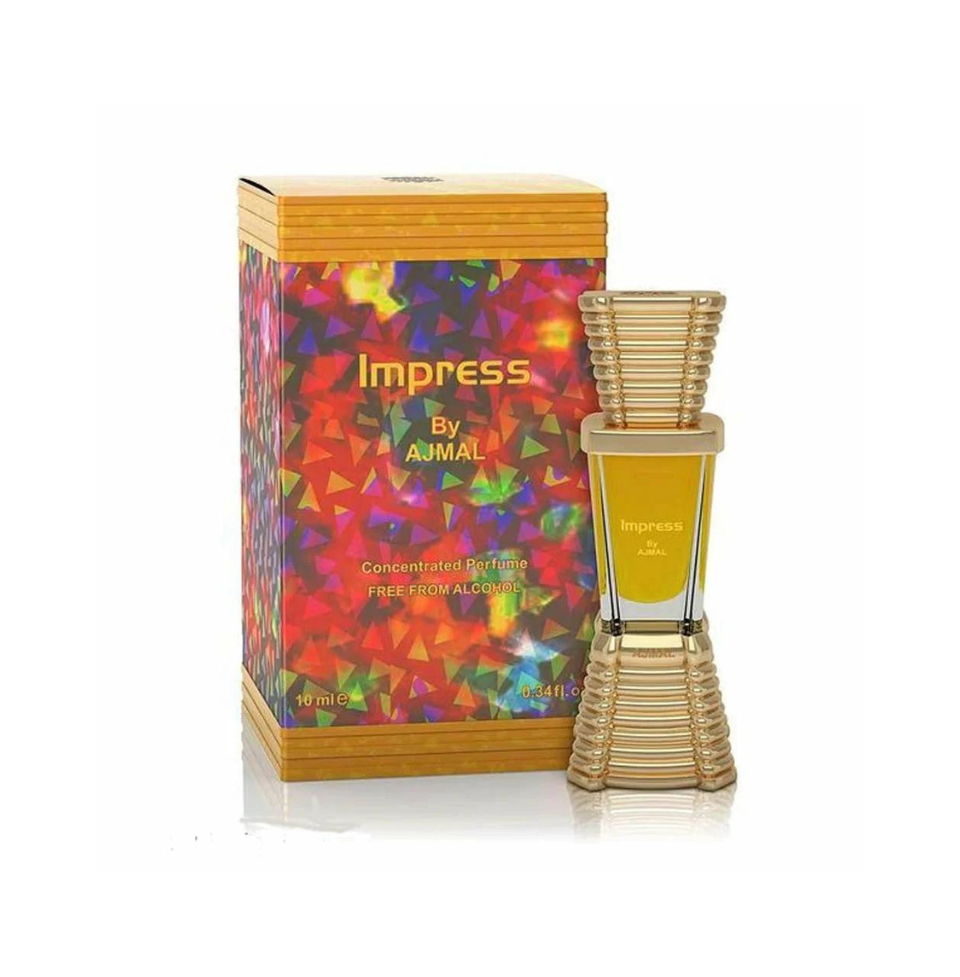 Ajmal Impress concentrated perfume oil for men and women, featuring a sleek glass bottle with a gold cap and elegant design.