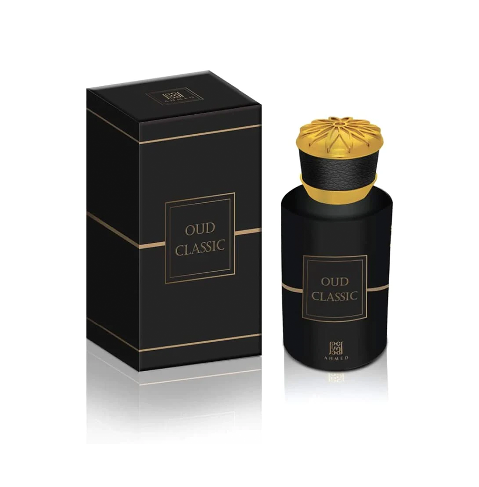 Oud Classic Ahmed Al Maghribi Eau de Parfum 50ml bottle for men and women with elegant packaging and dark amber fragrance.
