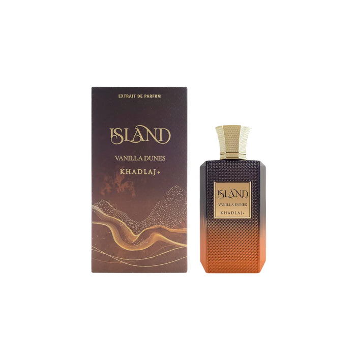 Khadlaj Island Vanilla Dunes perfume bottle with elegant design, 100ml size, for both men and women.