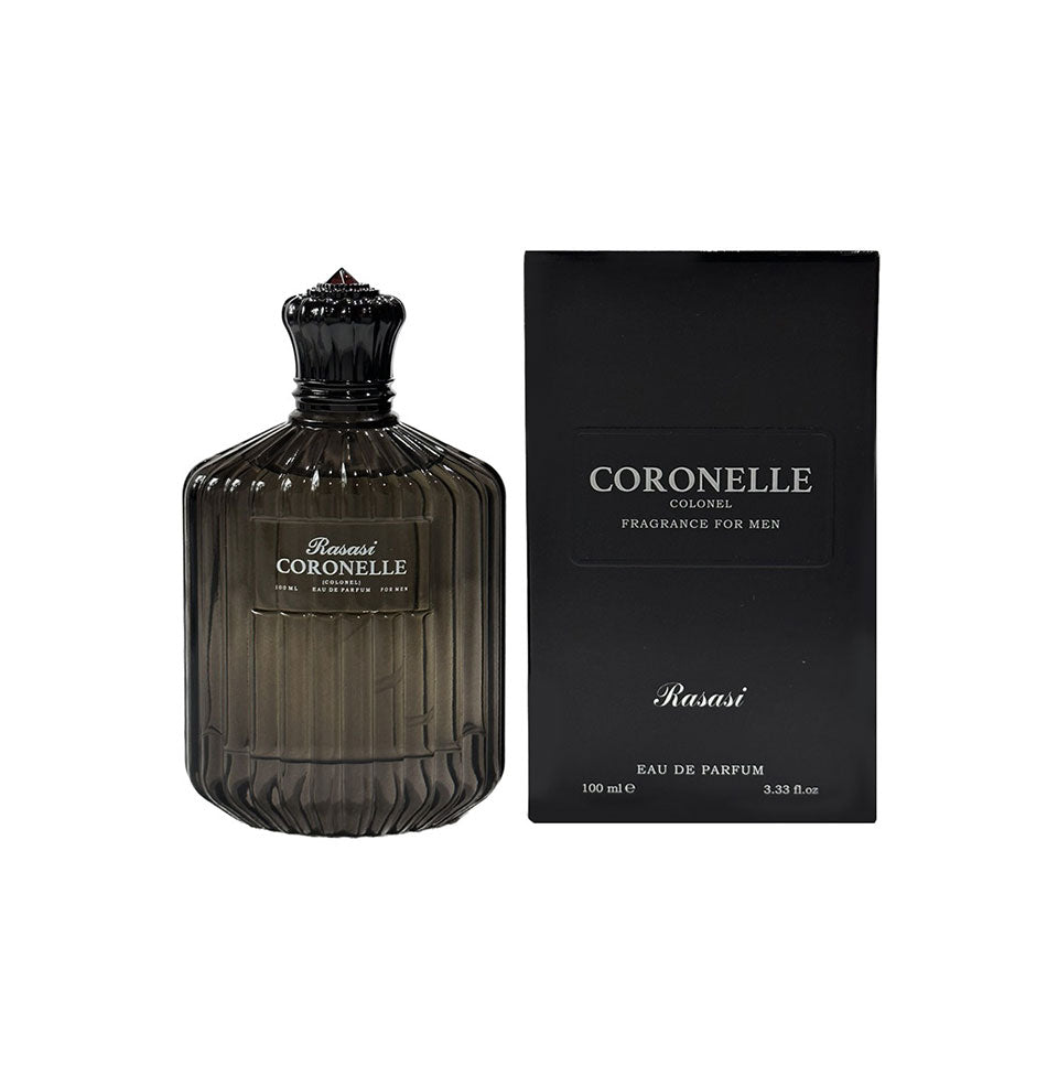 Rasasi Coronelle Pour Homme Eau de Parfum bottle for men, 100ml, with sleek design and dark-colored fragrance liquid.