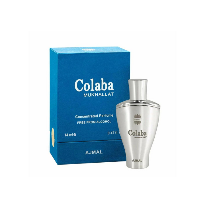 Ajmal Colaba Mukhalat concentrated perfume oil for men and women, featuring elegant glass bottle with floral and aromatic design elements.