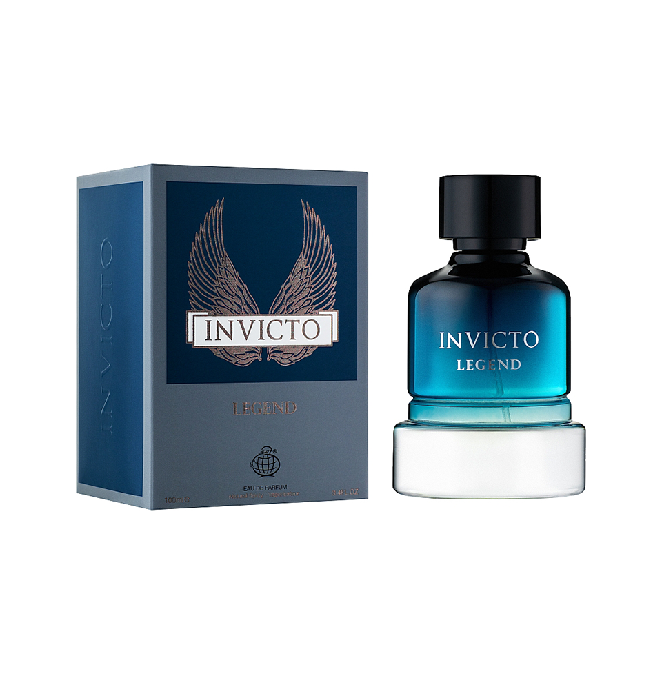 Fragrance World Invicto Legend men's Eau de Parfum 100ml bottle with sleek design and black cap.