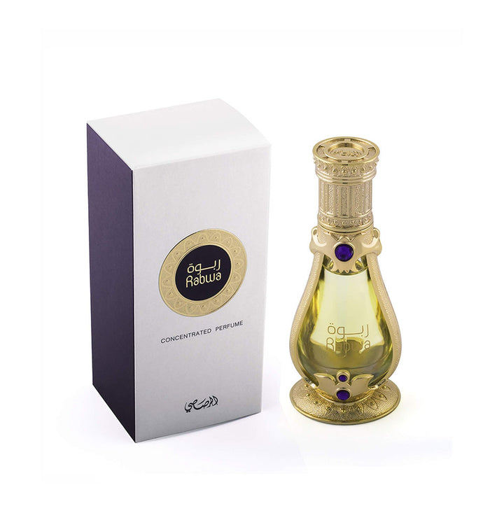 Rasasi Rabwa concentrated perfume oil (attar) 19ml for men and women, featuring elegant bottle and luxurious scent.