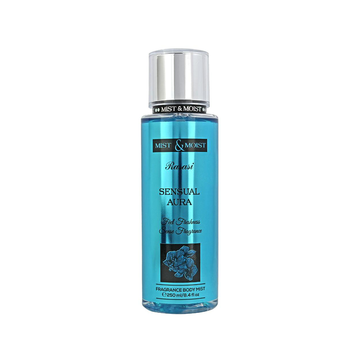 Rasasi Sensual Aura fragrance body mist for women in a 250ml spray bottle, featuring elegant packaging and floral notes.