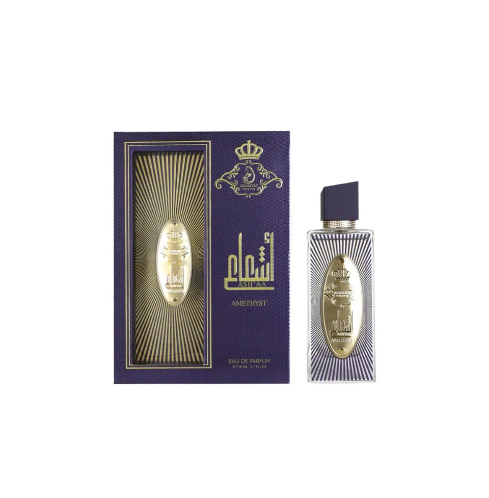 Arabiyat Prestige Ash'aa Amethyst Eau De Parfum 110ml for women, featuring a sleek purple bottle and elegant fragrance design