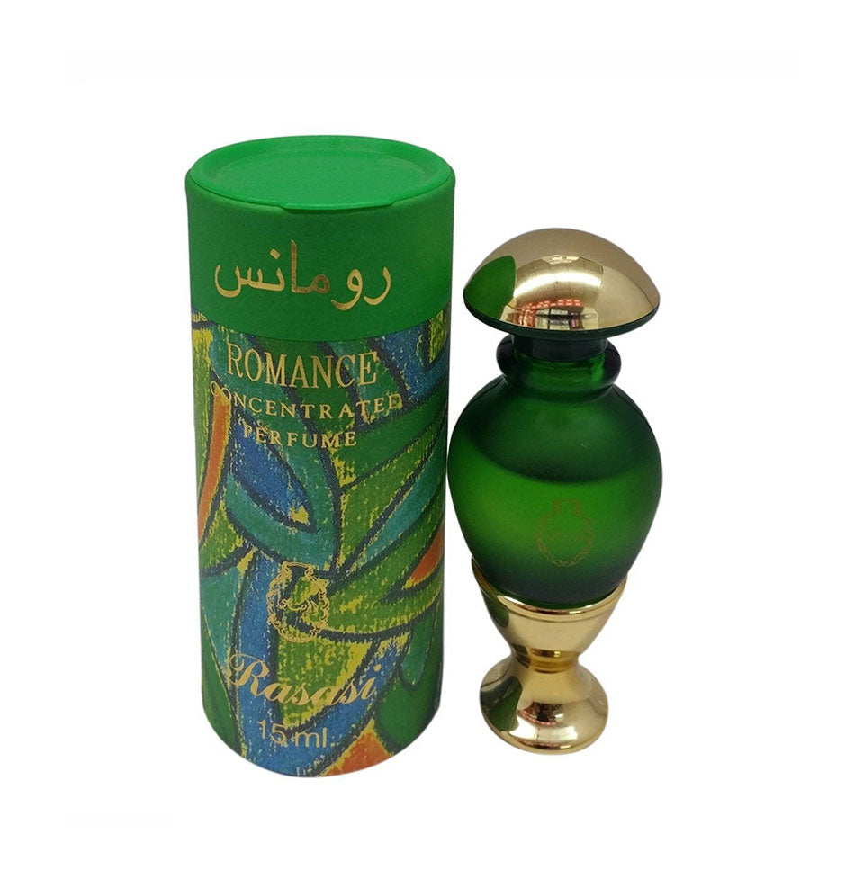 Rasasi Romance concentrated perfume oil 15ml for men and women, showing a sleek glass bottle with gold accents.