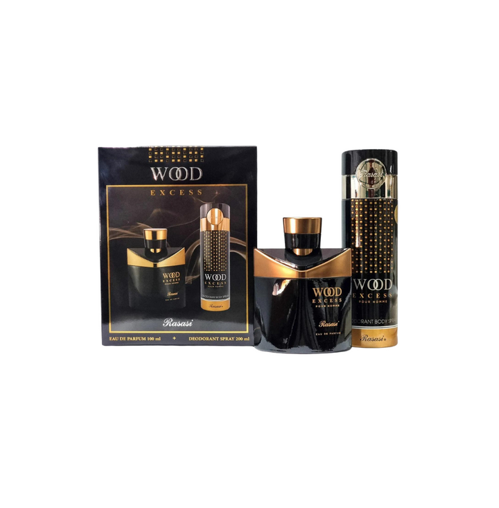 Rasasi Wood Excess Eau De Parfum 100ml gift set for men, featuring a sleek perfume bottle and accompanying accessories.