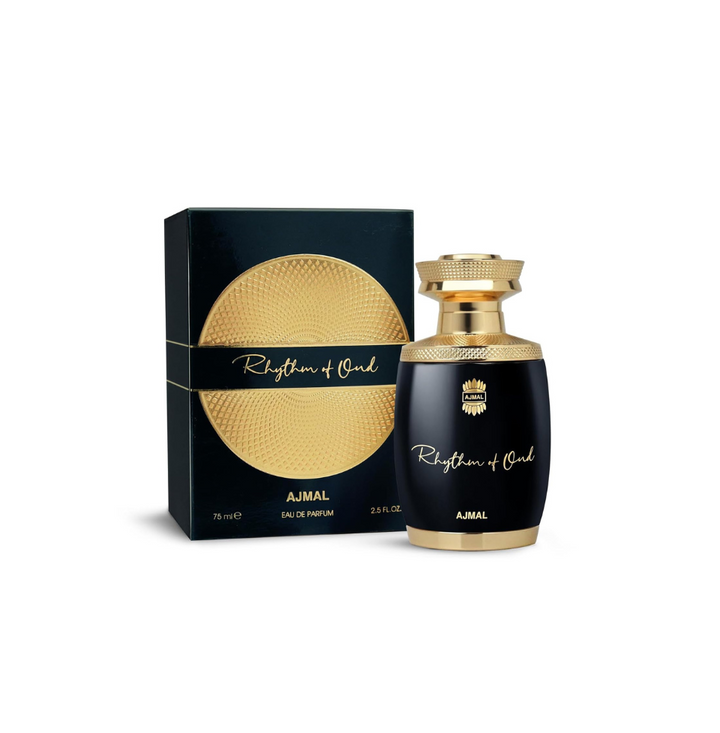 Ajmal Rhythm Of Oud Eau De Parfum for men and women, featuring a sleek bottle with an elegant design.