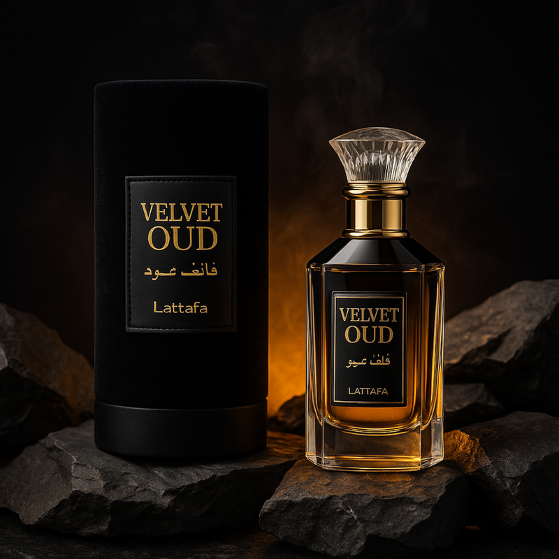 Lattafa Velvet Oud Edp 100ml bottle with a sleek black and gold design, showcasing the luxurious perfume packaging.