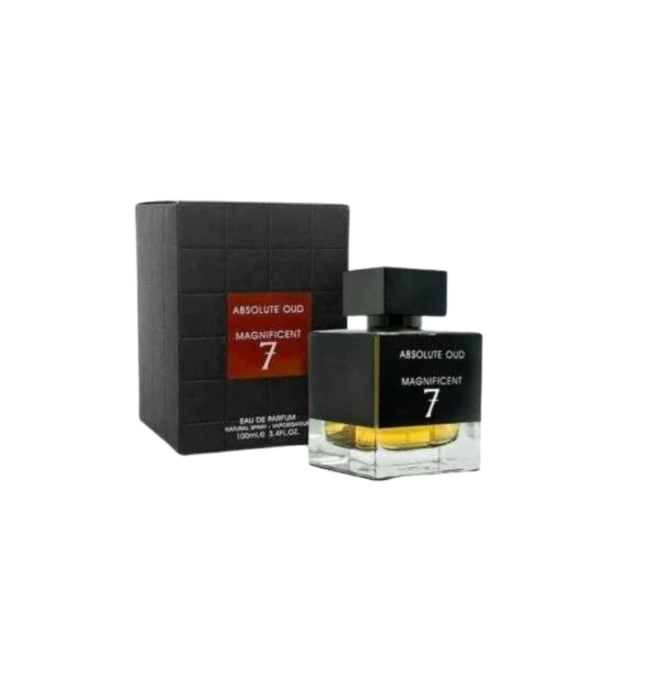Fragrance World Absolute Oud Magnificent 7 Eau de Parfum 100ml for men and women, featuring elegant perfume bottle and luxurious packaging