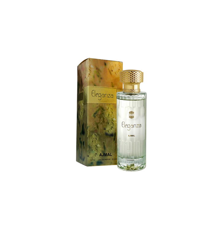 Ajmal Eleganza Pour Femme Eau De Parfum bottle for women, featuring a sleek 100ml glass perfume container with a silver cap.