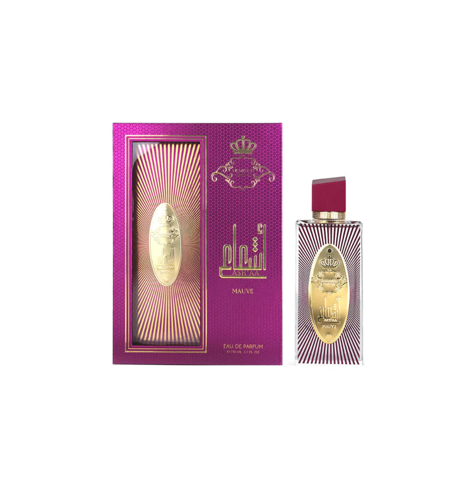 Arabiyat Prestige Ash'aa Mauve Eau De Parfum for women, 110ml bottle featuring elegant mauve design and floral fragrance.