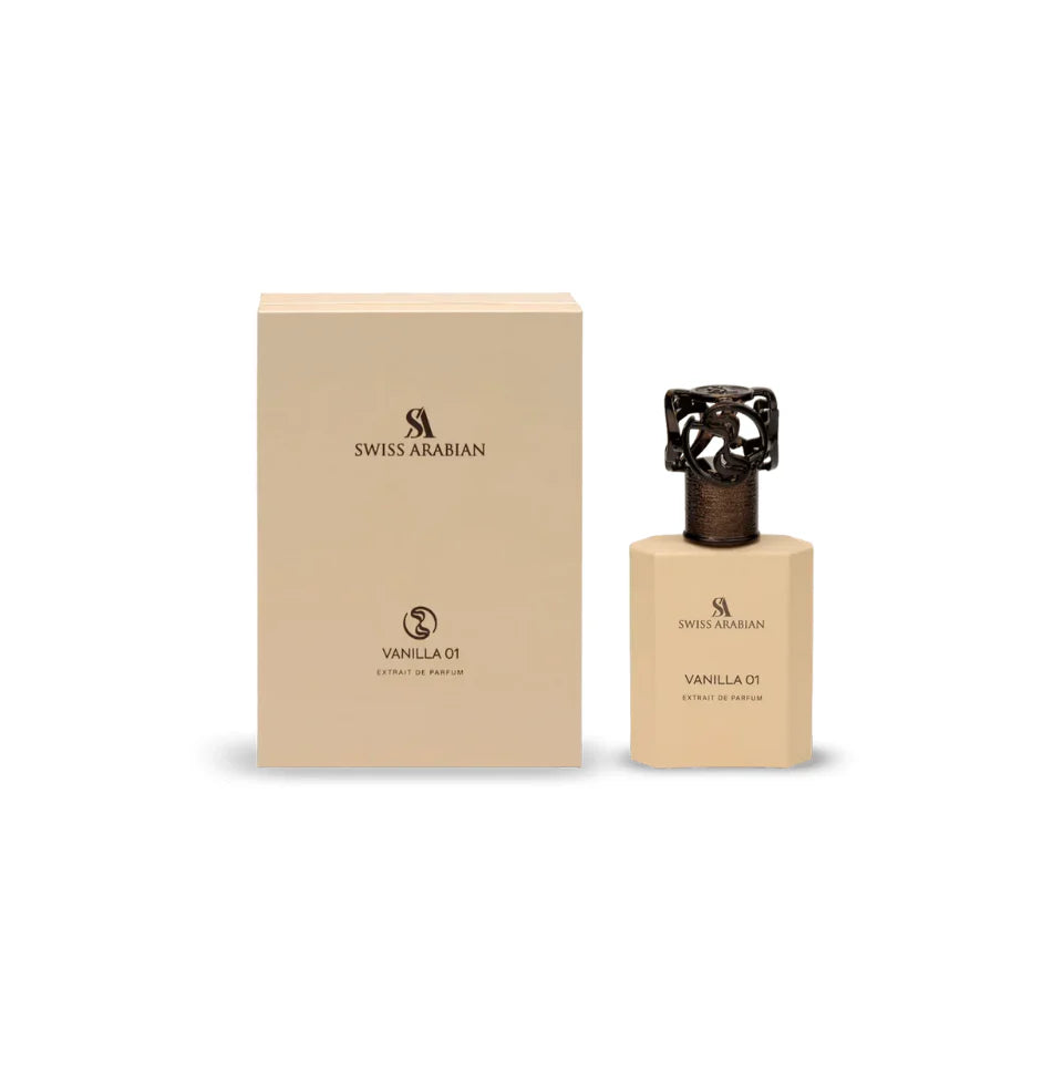 Swiss Arabian Vanilla 01 perfume bottle for women, 50ml extrait de parfum with a sleek design and vanilla-scented fragrance.