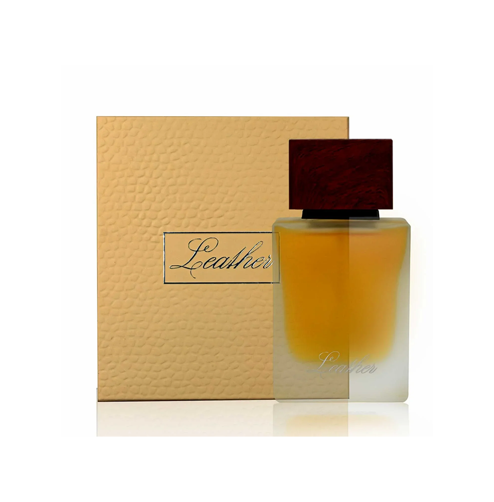 Leather by Ahmed Al Maghribi Eau de Parfum 50ml for men and women, featuring a sleek leather bottle and elegant packaging.
