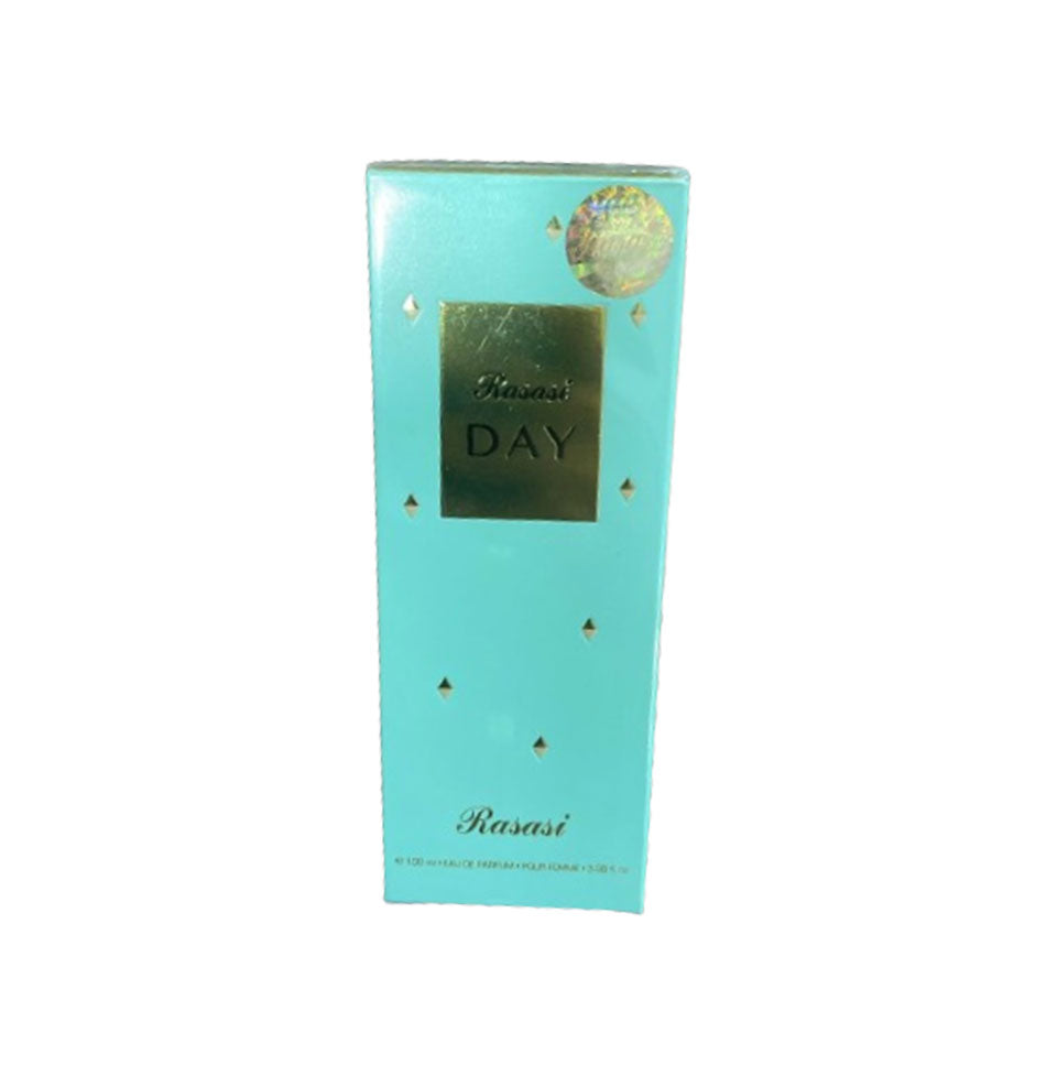 Rasasi Day Eau De Parfum for men and women in a 100ml bottle, featuring a sleek design and floral and citrus scent notes.
