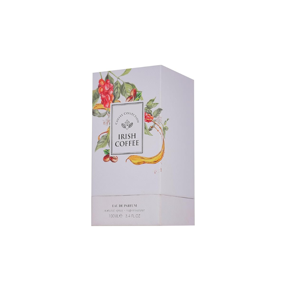 Fragrance World Irish Coffee Eau de Parfum 100ml bottle for men and women with coffee scent and elegant packaging.