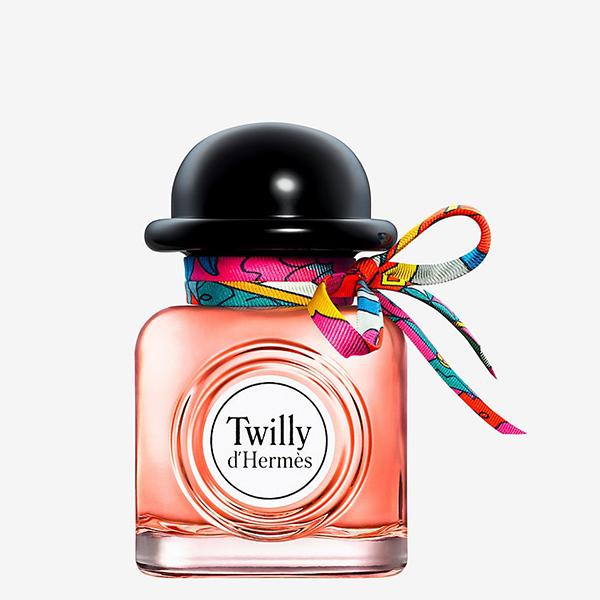 Hermès Twilly d’Hermès Eau de Parfum tester bottle, 100ml, with pink cap and floral label, displayed upright.