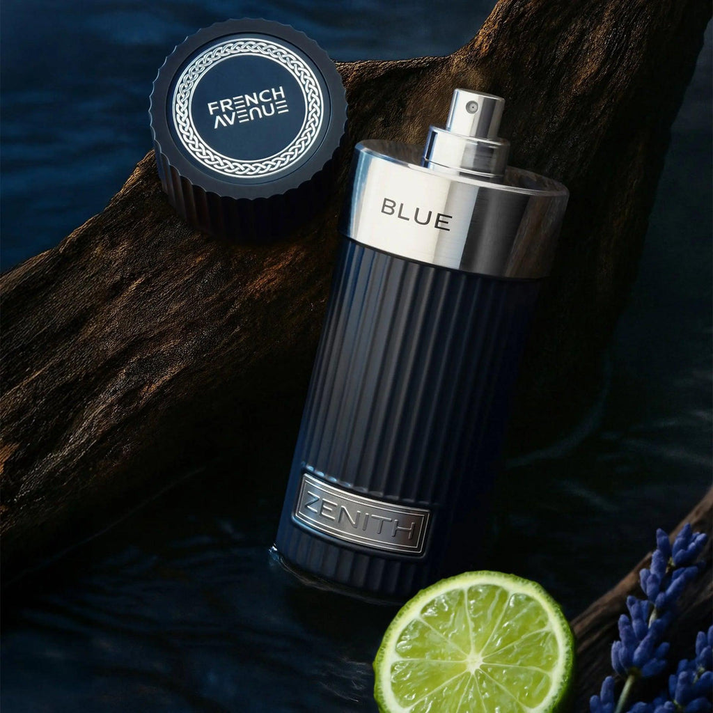 French Avenue Zenith Blue Eau de Parfum for men in a 100ml bottle, featuring a sleek blue glass design and elegant packaging.
