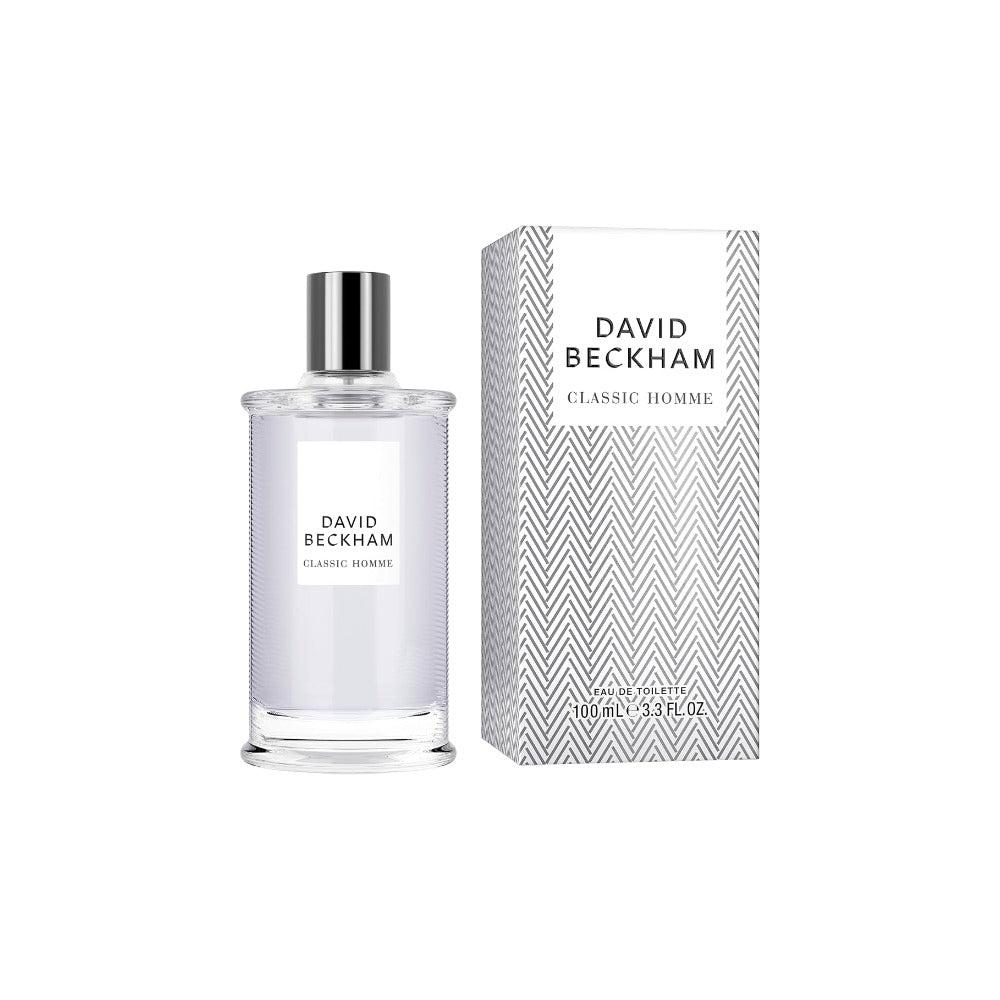 David Beckham Classic Homme Eau De Toilette 100ml for men bottle with silver cap and sleek glass design.