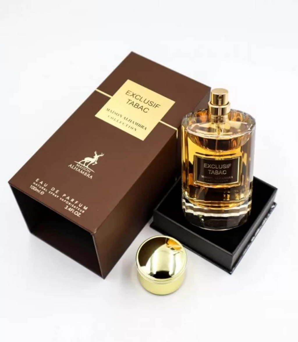 Alhambra Exclusif Tabac perfume bottle with elegant design, 100ml size, showcasing the luxurious fragrance packaging.