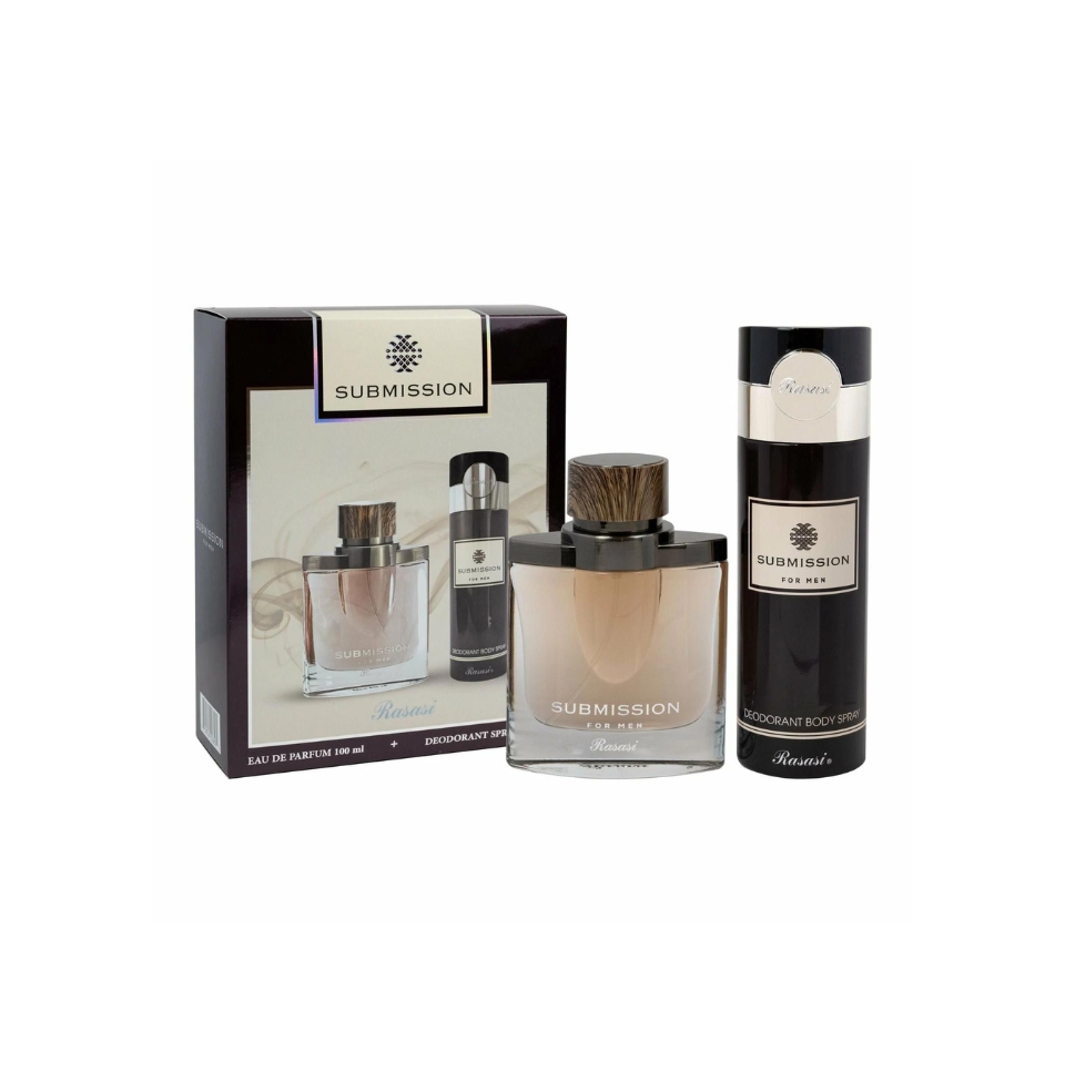 Rasasi Submission Eau De Parfum 100ml gift set for men, featuring a sleek perfume bottle and matching accessories.