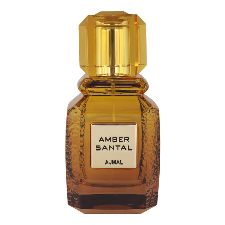 Ajmal Amber Santal Eau De Perfume 100ml for men and women, featuring a sleek glass bottle with golden accents.