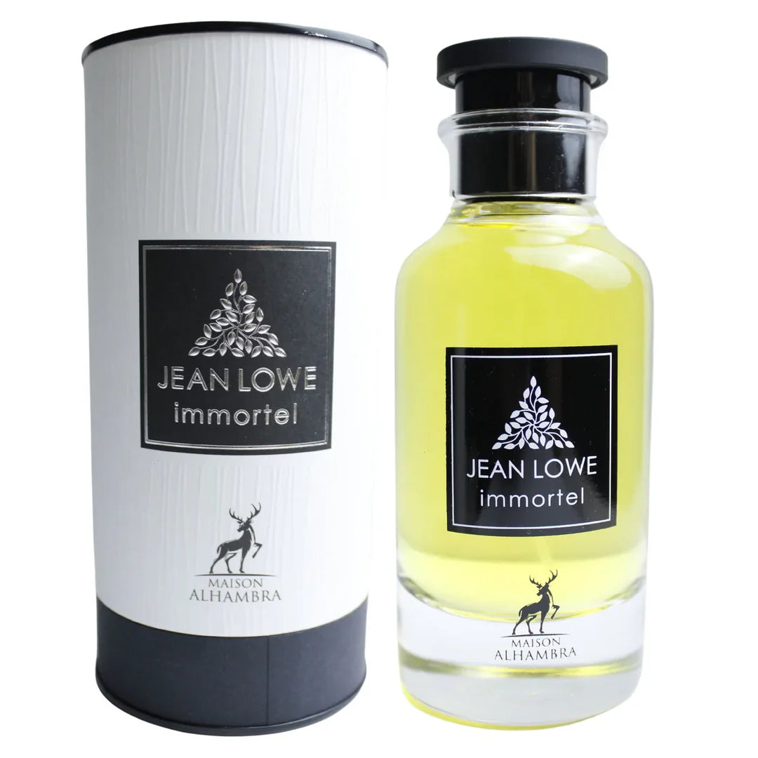 Maison Alhambra Jean Lowe Immortel Eau De Parfum for Men bottle with black cap and clear glass, 100ml size.