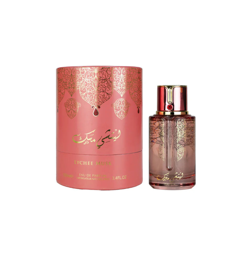 Arabiyat Prestige Lychee Musk Eau De Parfum for men and women, 100ml bottle with elegant floral and fruity scent.