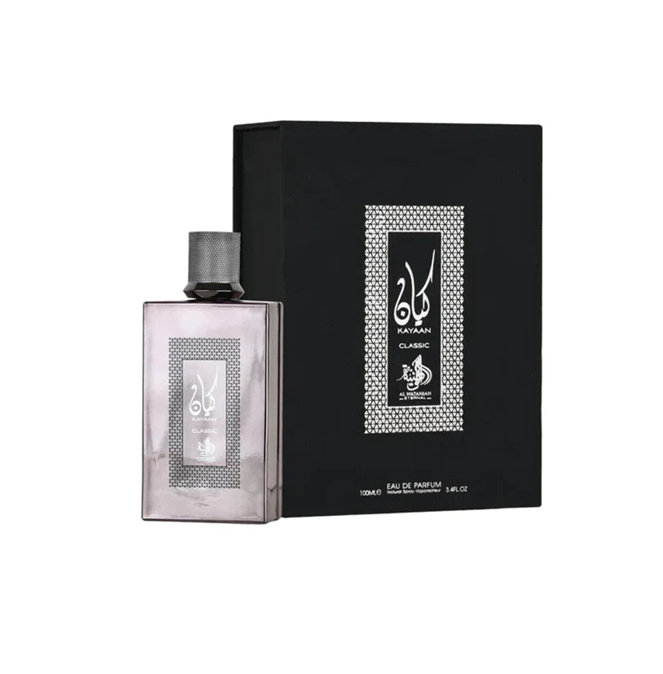 Al Wataniah Kayaan Classic Eau De Parfum 100ml bottle for men and women with a sleek, elegant design.