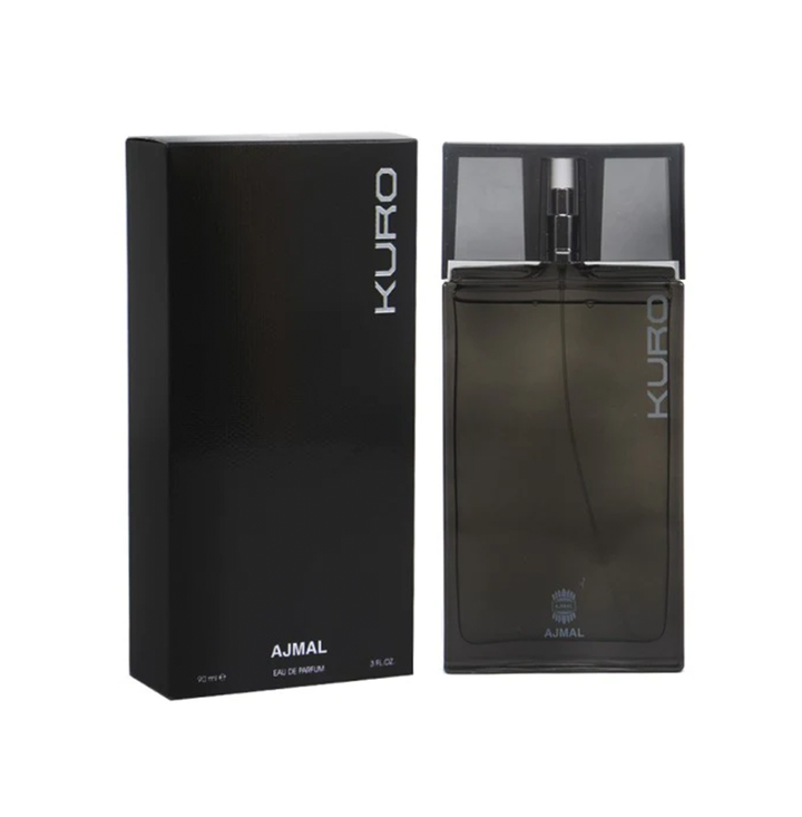 Ajmal Kuro Eau De Parfum for Men bottle with sleek black design and silver accents, displayed on a white background.