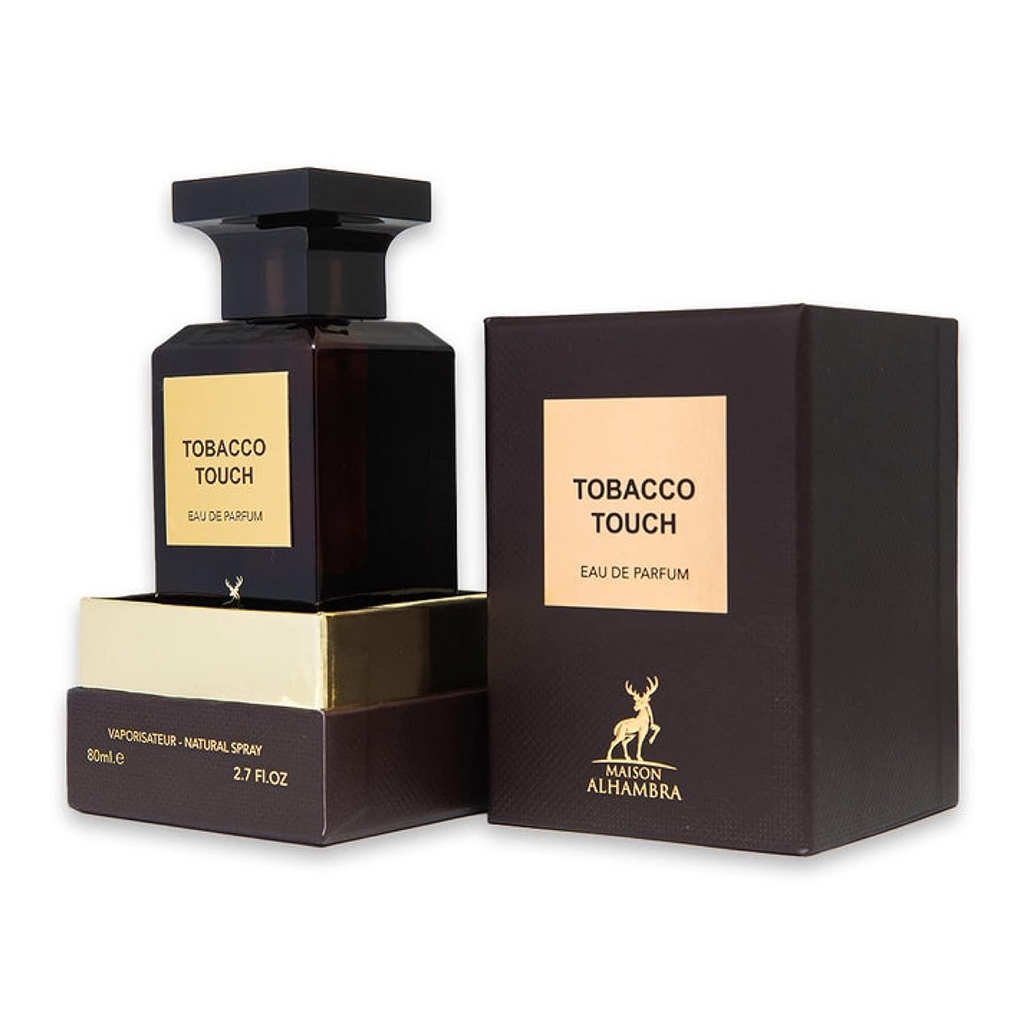 Alhambra Tobacco Touch Eau de Parfum 80ml bottle with a sleek design and tobacco-inspired scent, displayed against a neutral background.