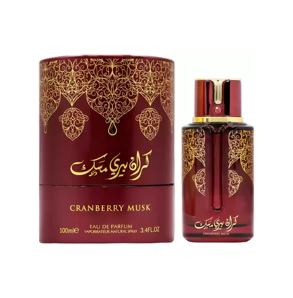 Arabiyat Prestige Cranberry Musk Eau De Parfum 100ML for men and women, featuring a sleek bottle with cranberry and musk notes.