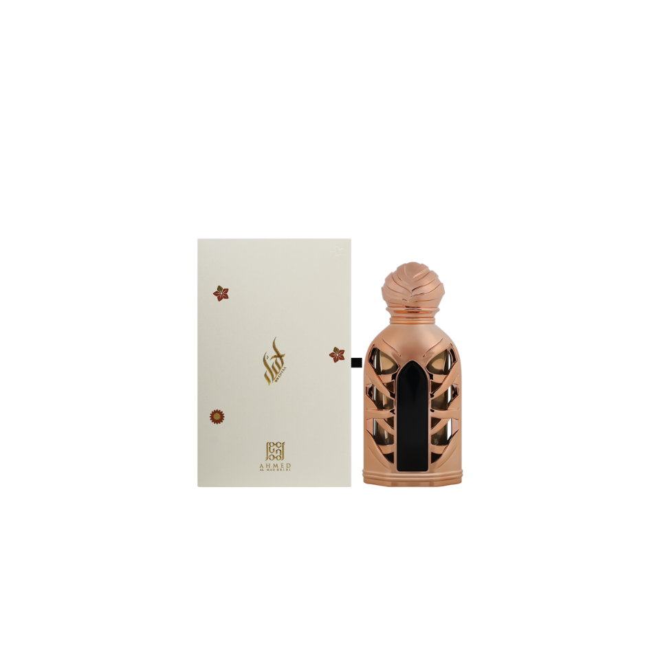 Ahmed Al Maghribi Ehyaa Attar concentrated perfume oil 15ml for men and women, featuring elegant glass bottle with floral accents.
