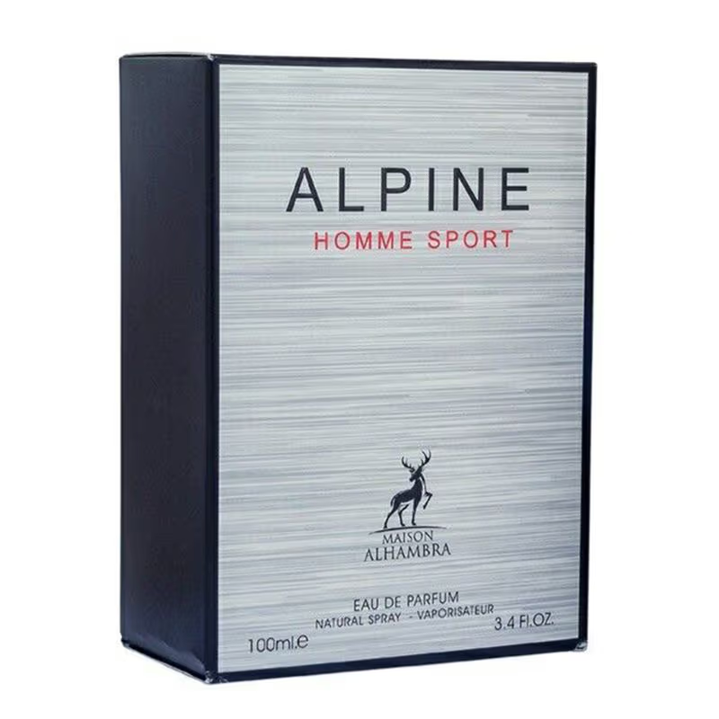 Alhambra Alpine Homme Sport 100ml perfume bottle with sleek design and clear label, placed on a neutral background.