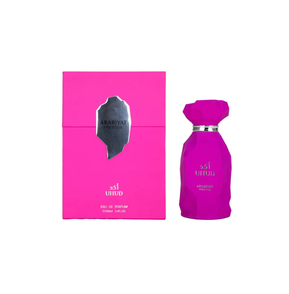 Arabiyat Prestige Uhud Eau De Parfum 100ml for women, elegant glass bottle with floral and oriental fragrance accents.