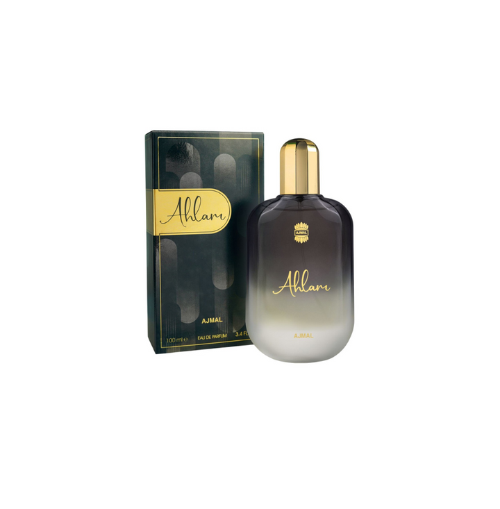 Ajmal Ahlam Eau De Parfum 100ML for men, featuring a sleek glass bottle with a black cap and elegant fragrance design.