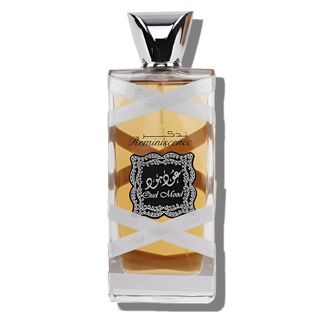Lattafa Oud Mood Silver Reminiscence Eau De Parfum 100ml bottle for men and women, sleek silver packaging with fragrance details.