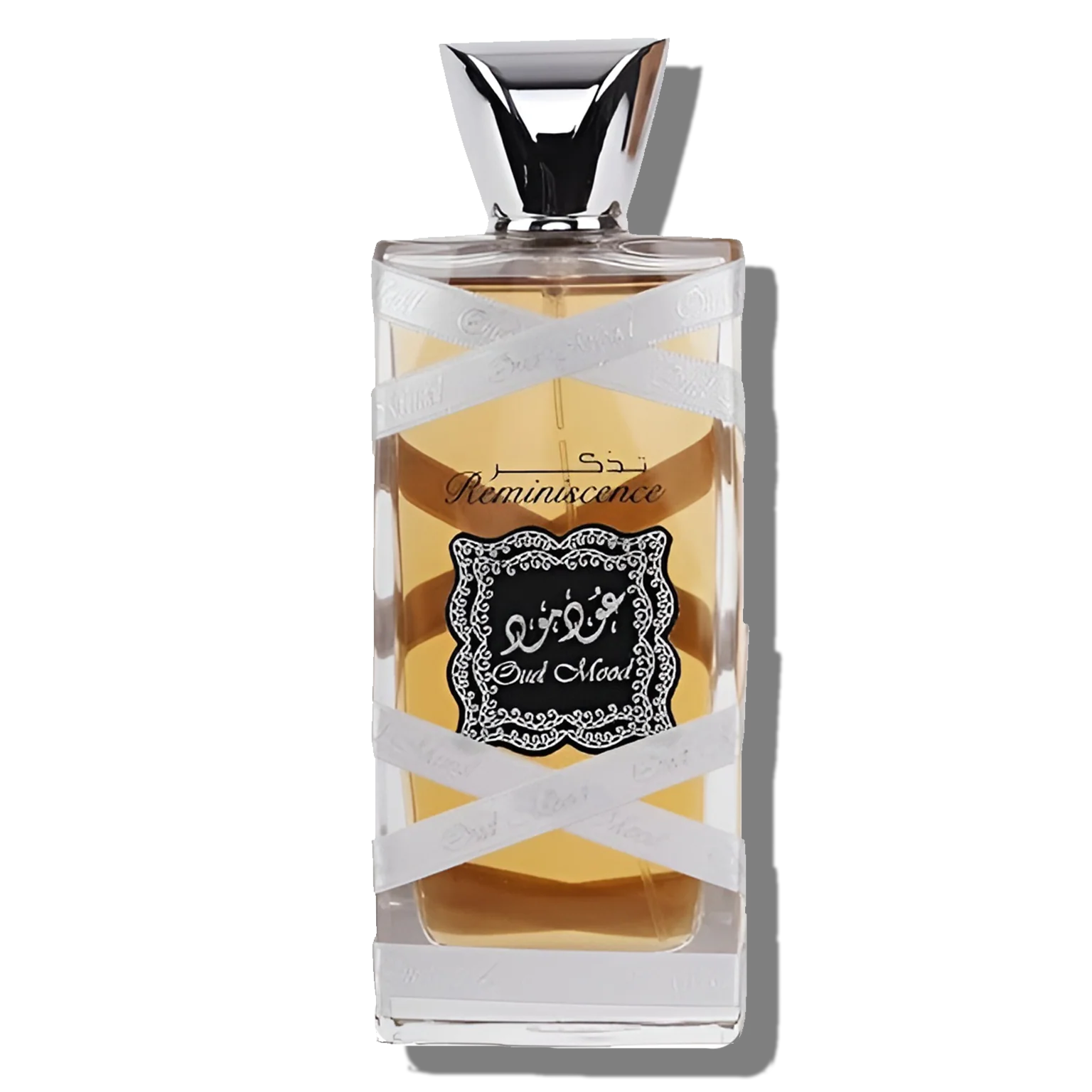 Lattafa Oud Mood Silver Reminiscence Eau De Parfum 100ml bottle for men and women, sleek silver packaging with fragrance details.