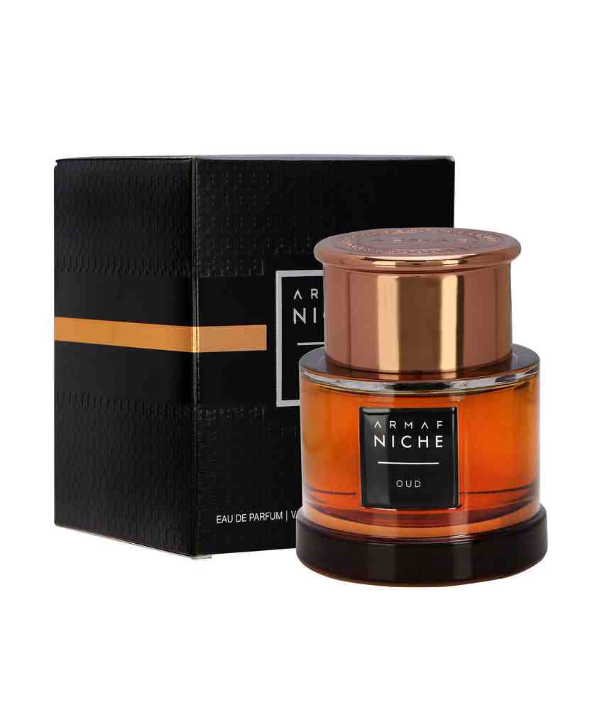 Armaf Niche Oud Edp perfume bottle for women, 90ml, with elegant design and amber-colored fragrance liquid.