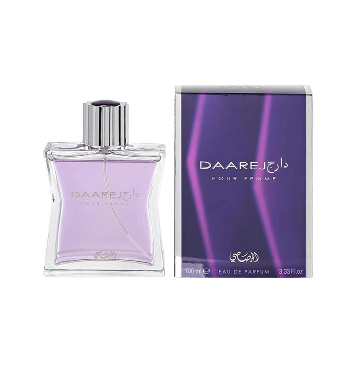 Rasasi Daarej Pour Femme Eau De Parfum 100ml bottle with elegant floral design and clear glass showcasing the perfume inside.