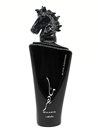 Lattafa Maahir Black Edition Eau de Parfum 100ml bottle for men and women, sleek black fragrance bottle on a neutral background