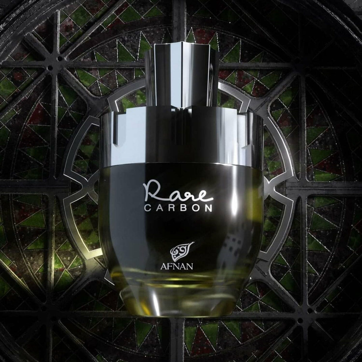 Afnan Rare Carbon men's EDP bottle with sleek black and silver design, showcasing the fragrance's modern and sophisticated look.
