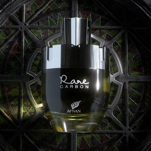 Afnan Rare Carbon men's EDP bottle with sleek black and silver design, showcasing the fragrance's modern and sophisticated look.
