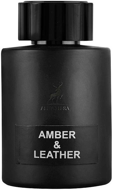 Alhambra Amber & Leather fragrance bottle with 100ml capacity, showcasing elegant packaging and amber-colored liquid.