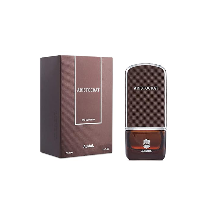 Ajmal Aristocrat Eau De Parfum for Men, elegant glass bottle with silver cap, showcasing the luxurious fragrance design.